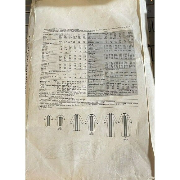 Sewing Pattern Vogue 7772 Maternity Misses Top or Dress Size 12 Bust 34 Uncut VG - Picture 2 of 6